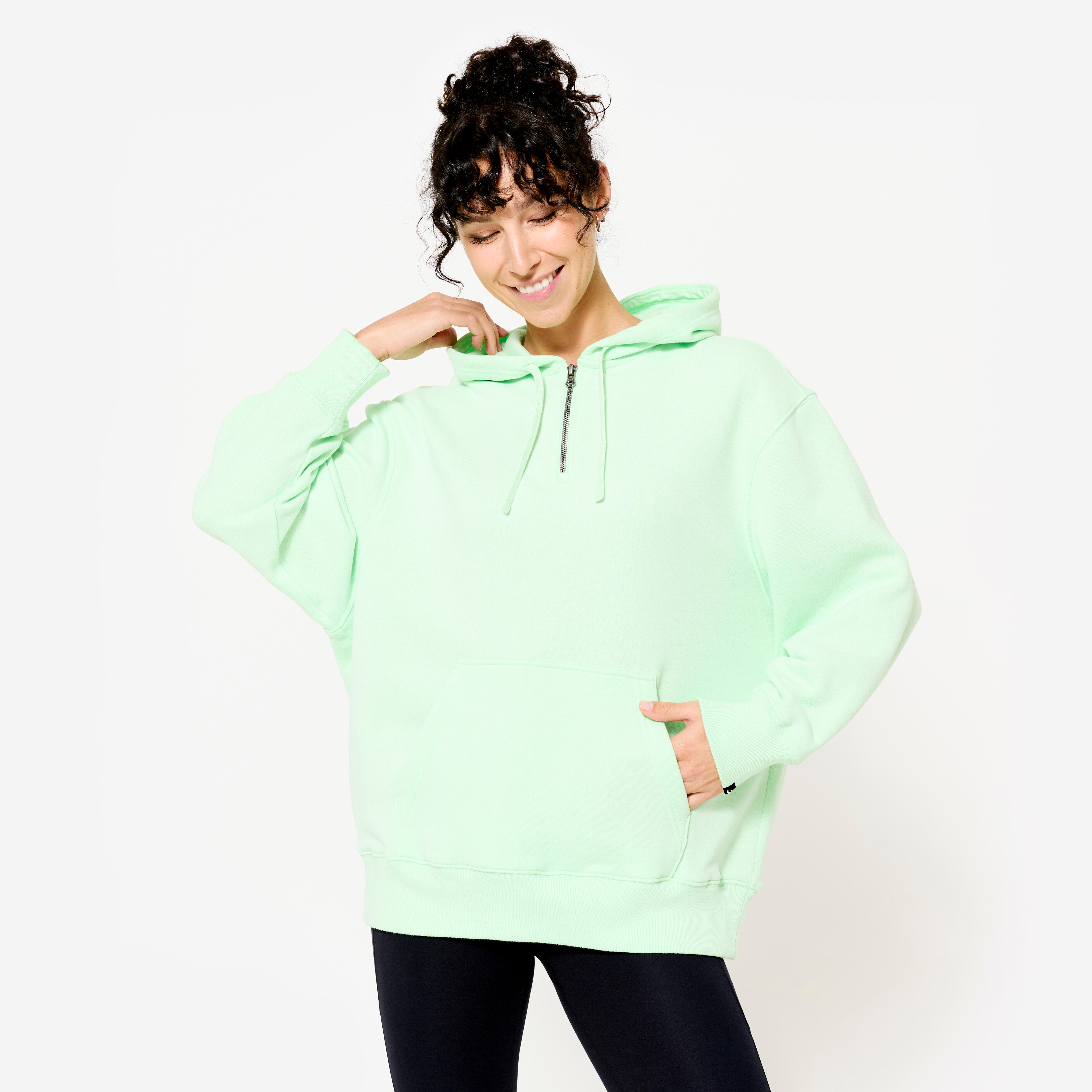 Women's Loose Fitness Hoodie - 520 Light Green Half-Zip