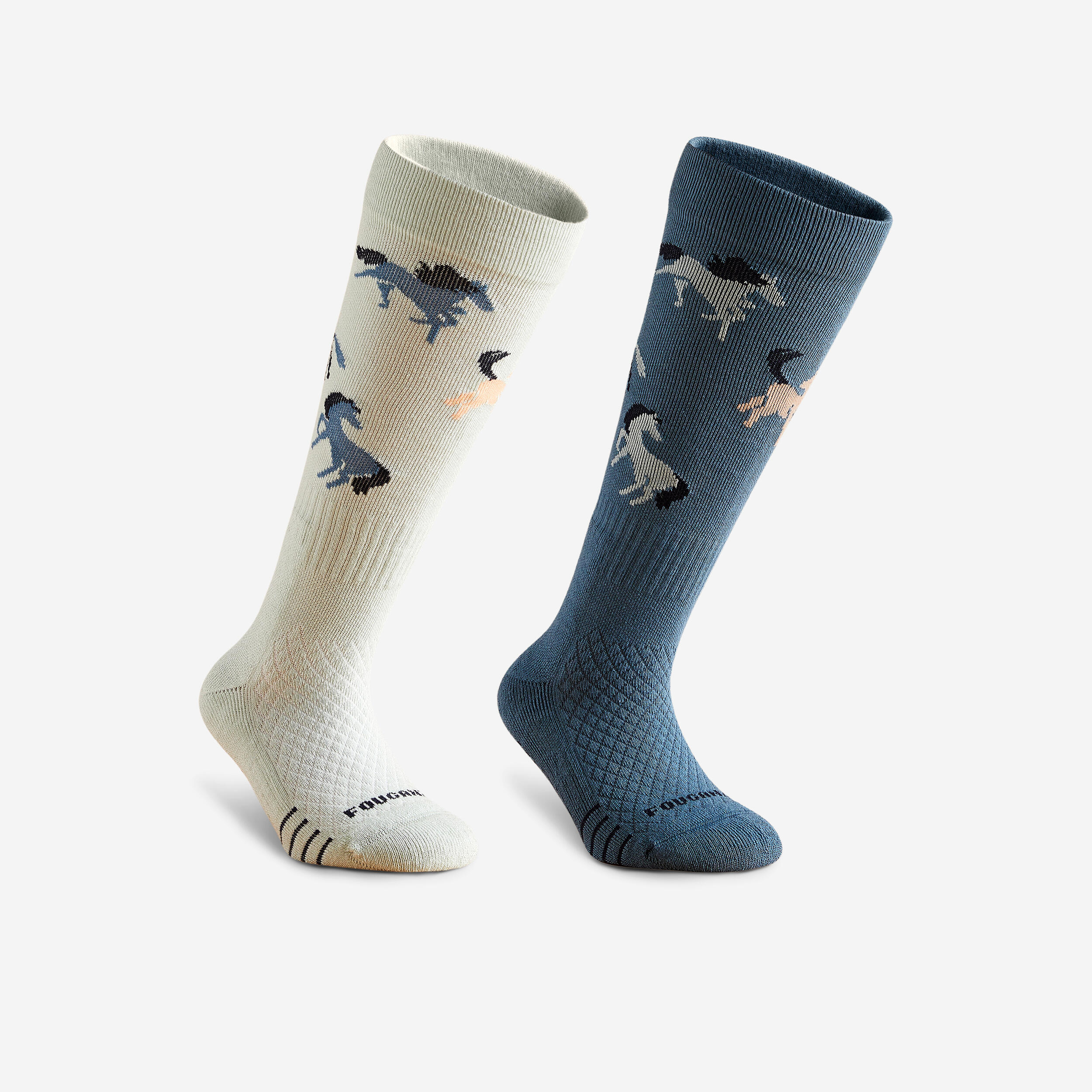 Kids' Horse Riding Socks - SKS 500 Blue/Green PatternedPack of 2