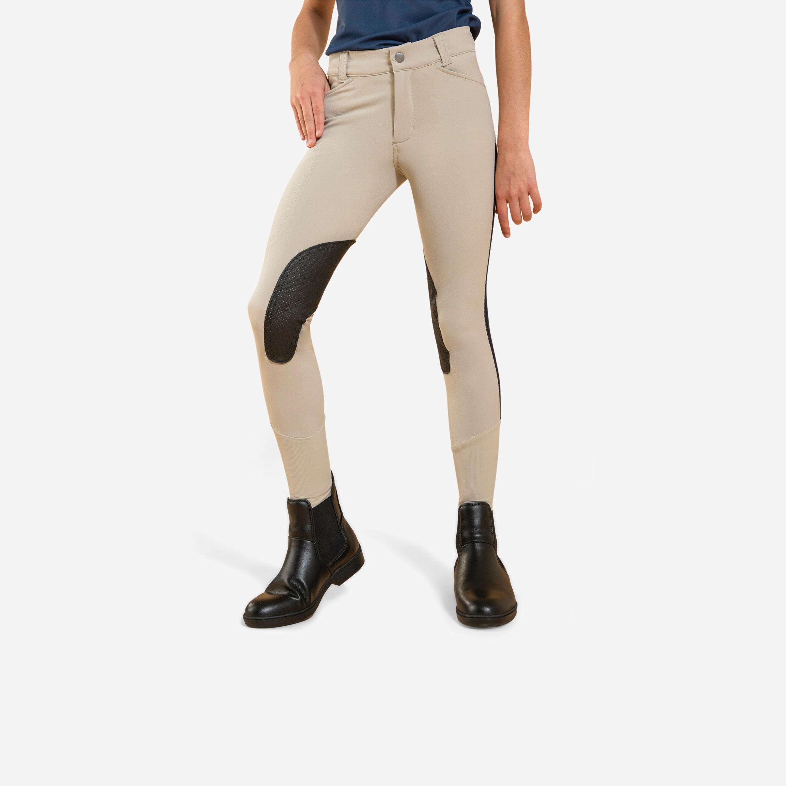 Kids' Horse Riding Lightweight Mesh Jodhpurs with Grippy Suede Patches - 500 Beige