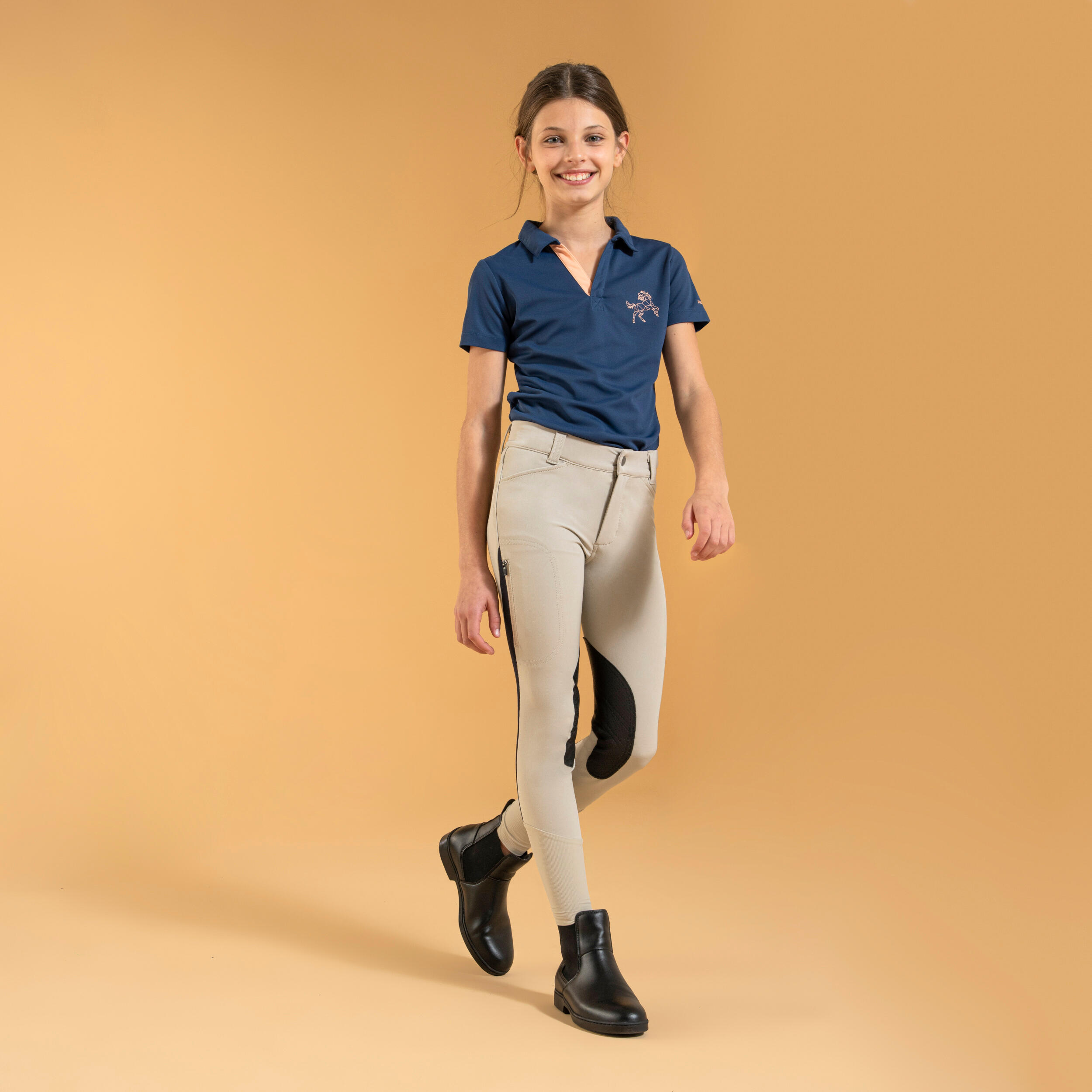 Kids' Horse Riding Lightweight Mesh Jodhpurs with Grippy Suede Patches - 500 Beige