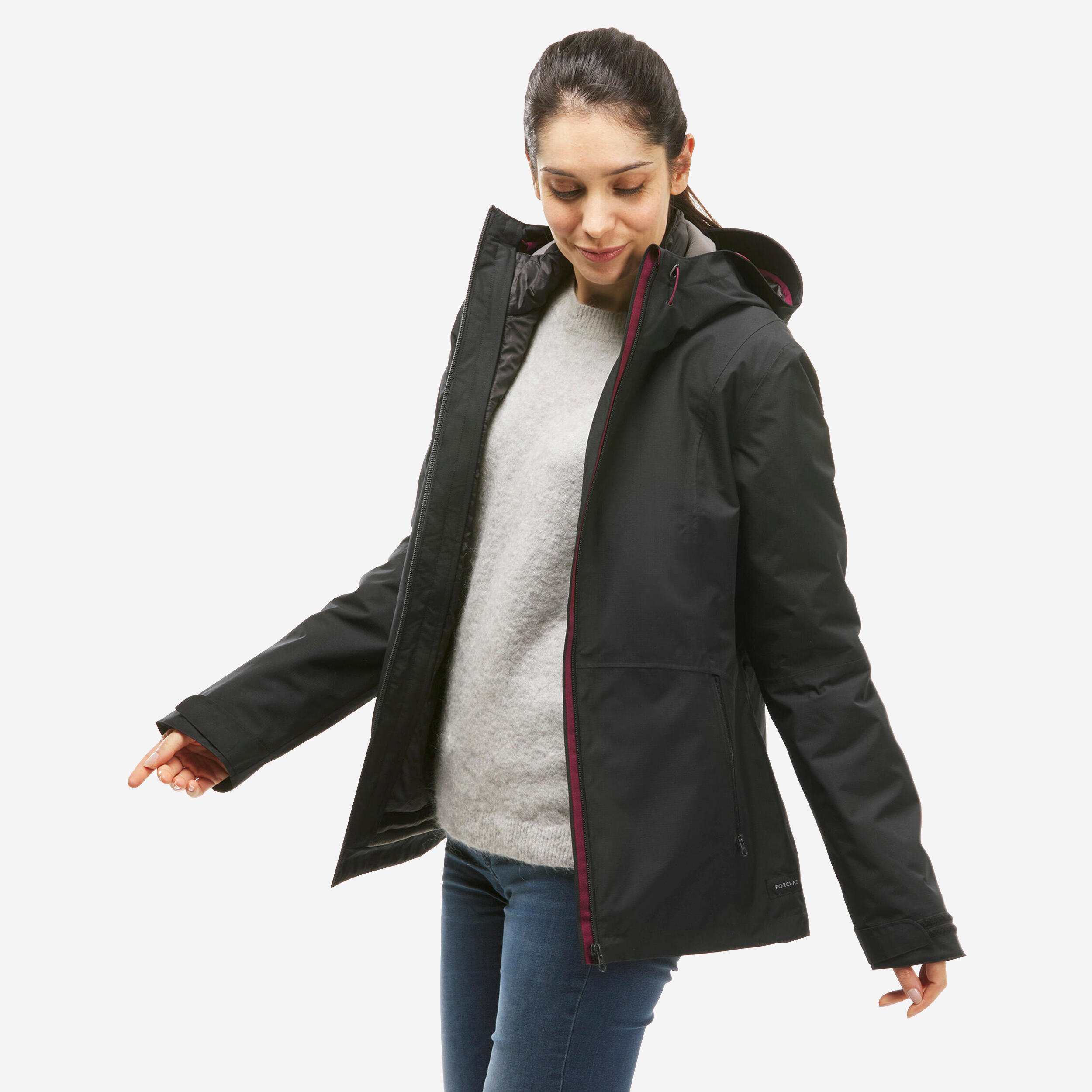 Womenâs 3-in-1 Waterproof Hiking Jacket, MH 500 Mountain