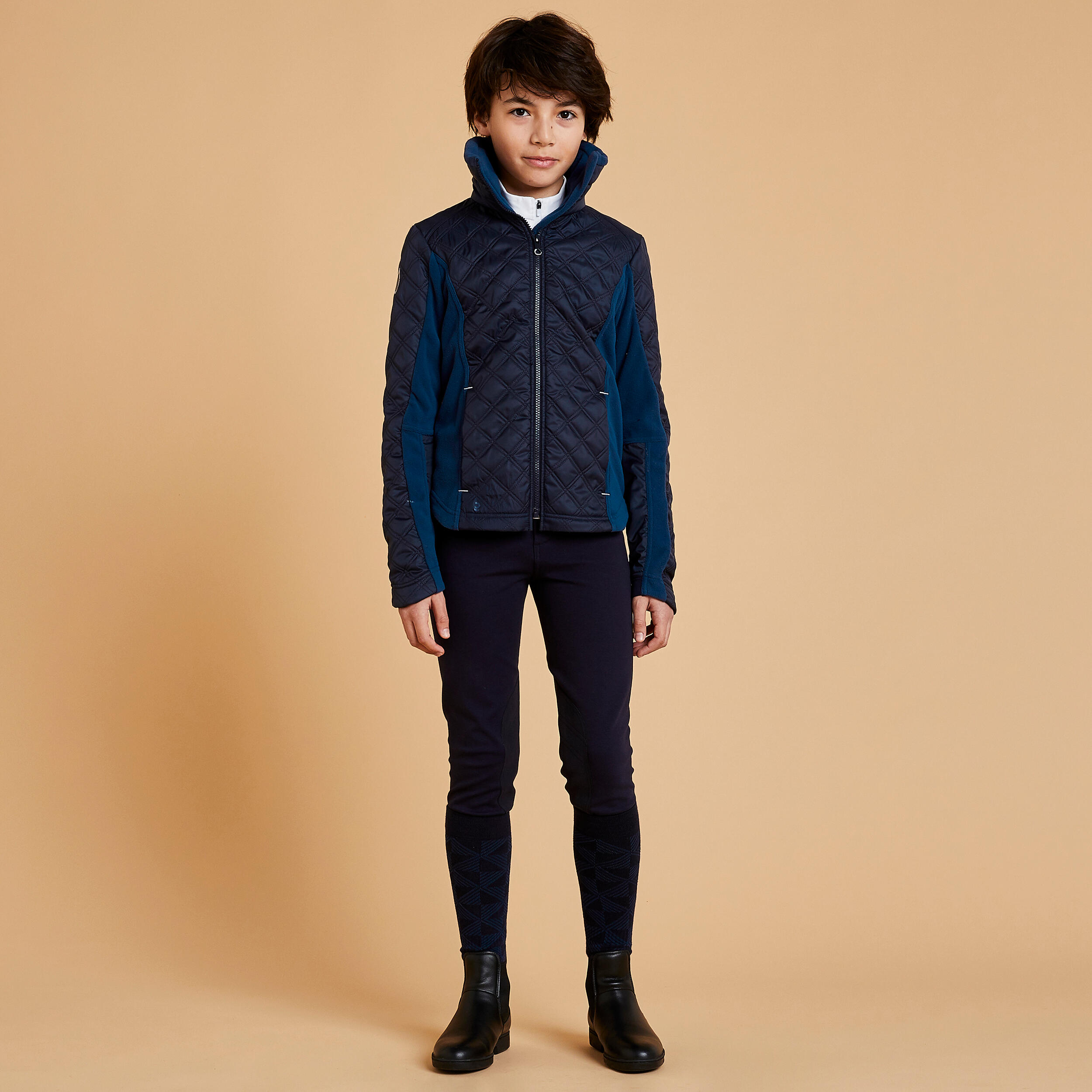 Kids' Horse Riding Bi-Material Warm Fleece - 500 Blue