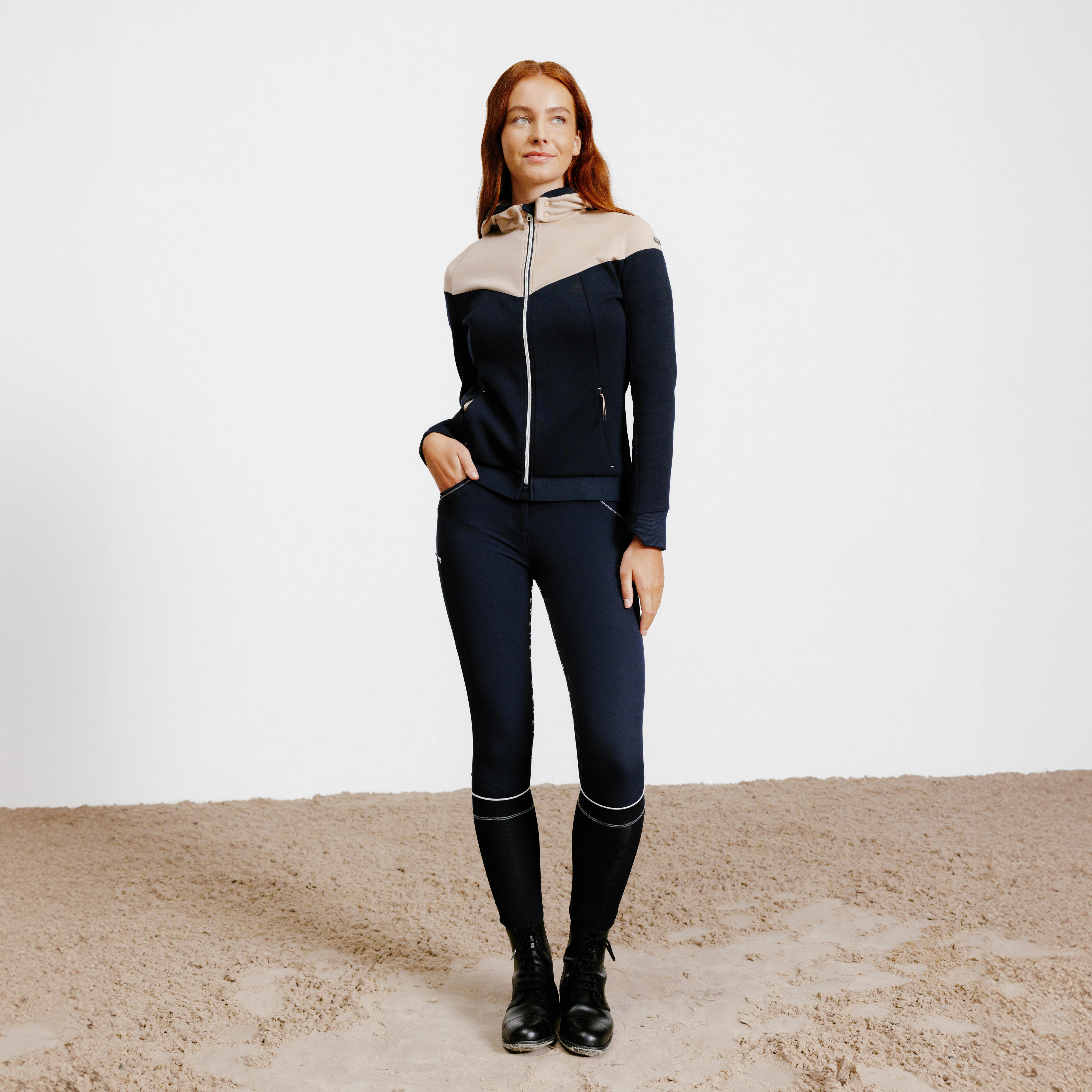 Women's Zipped Horse Riding Sweatshirt - 900 Blue/Beige