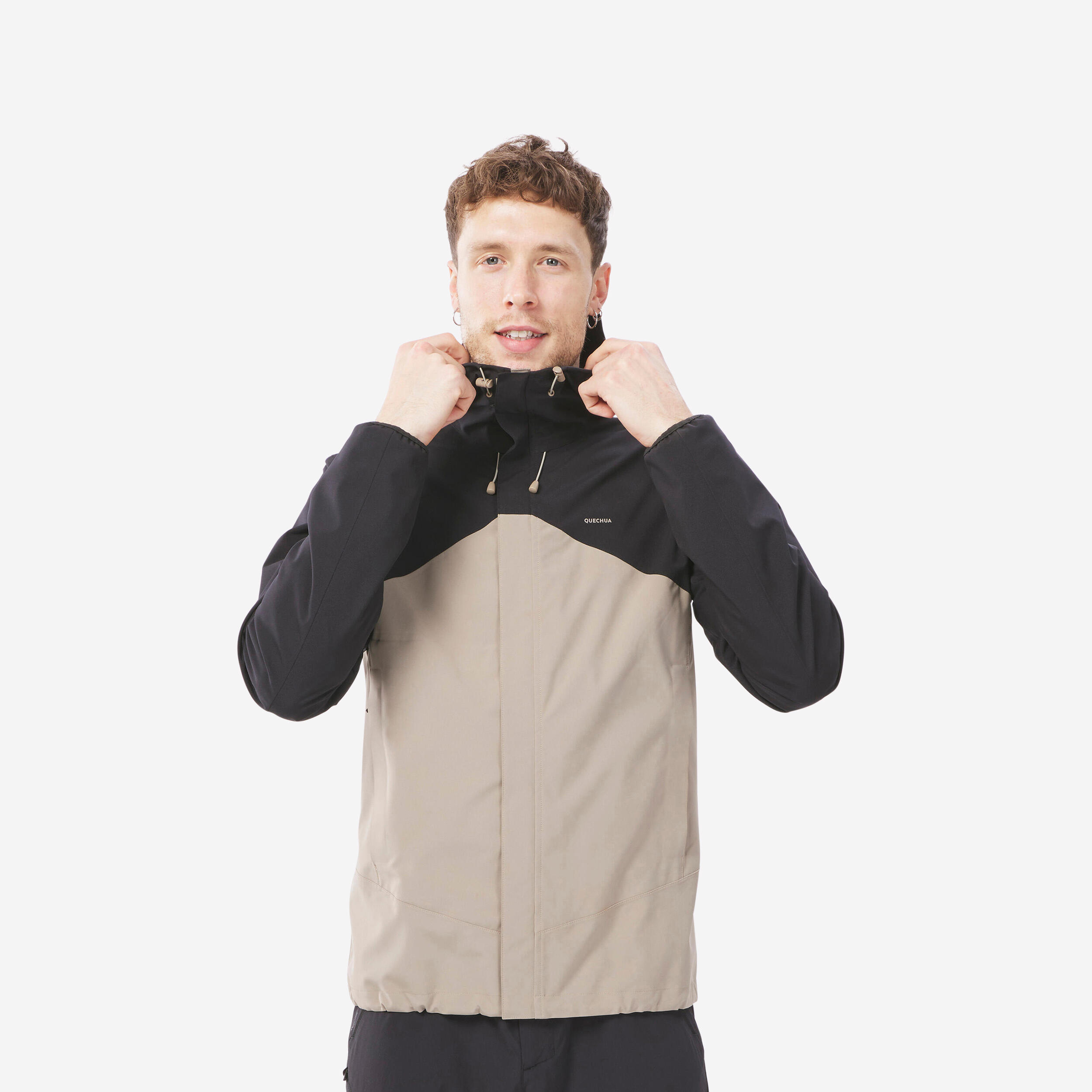 Menâs Hiking Waterproof Jacket - MH 150 Black/Beige